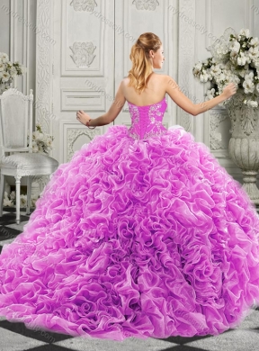 Elegant Brush Train Lavender Quinceanera Dress with Beaded Bodice and Ruffles