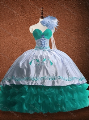 Elegant Embroidered and Patterned Organza and Taffeta Quinceanera Dress in Turquoise and White