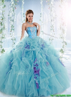 Exquisite Applique Bodice Aqua Blue Detachable Quinceanera Dress in Organza