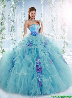 Exquisite Applique Bodice Aqua Blue Detachable Quinceanera Dress in Organza