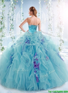 Exquisite Applique Bodice Aqua Blue Detachable Quinceanera Dress in Organza