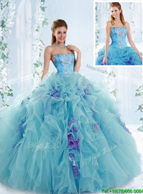 Exquisite Applique Bodice Aqua Blue Detachable Quinceanera Dress in Organza