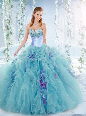 Exquisite Beaded Bust and Ruffled Detachable Quinceanera Dresses in Aqua Blue