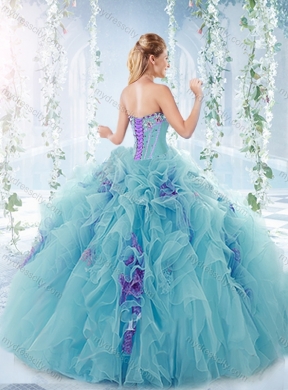 Exquisite Beaded Bust and Ruffled Detachable Quinceanera Dresses in Aqua Blue