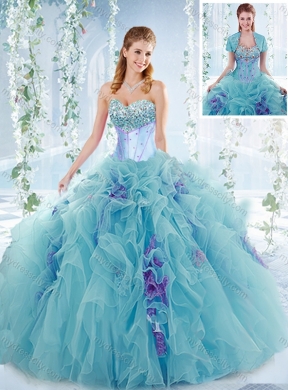 Exquisite Beaded Bust and Ruffled Detachable Quinceanera Dresses in Aqua Blue