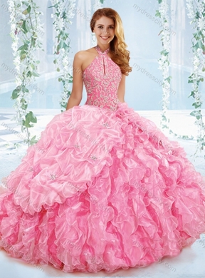 Exquisite Halter Top Beaded Bodice Detachable Quinceanera Dress in Rose Pink