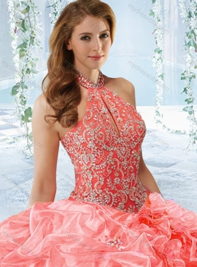 Exquisite Halter Top Beaded Bodice Detachable Quinceanera Dress in Rose Pink