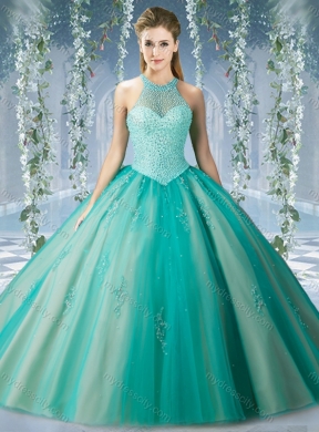 Fashionable Halter Top Champagne Quinceanera Dress with Appliques and Beading