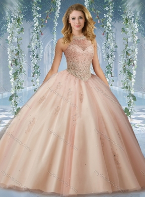 Fashionable Halter Top Champagne Quinceanera Dress with Appliques and Beading