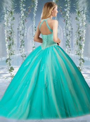 Fashionable Halter Top Champagne Quinceanera Dress with Appliques and Beading