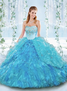 Latest Really Puffy Organza Lace Up Detachable Quinceanera Dress in Blue