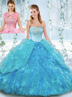 Latest Really Puffy Organza Lace Up Detachable Quinceanera Dress in Blue