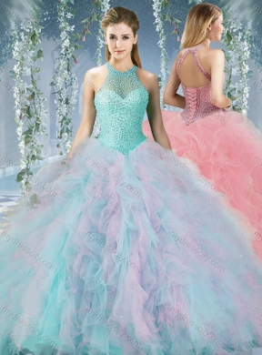 Lovely Beaded Decorated Halter Top Rainbown Quinceanera Dress in Organza