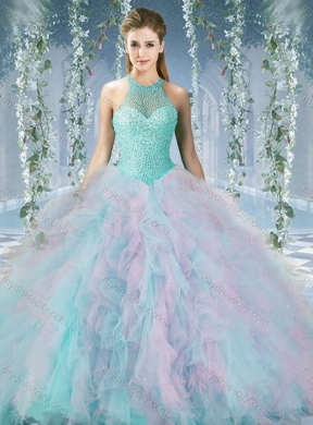 Lovely Beaded Decorated Halter Top Rainbown Quinceanera Dress in Organza