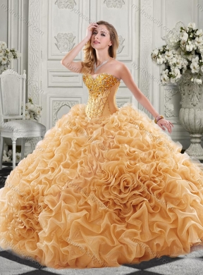 New Arrivals Organza Ruffled Champagne Sweet 16 Quinceanera Dress with Colorful Beading