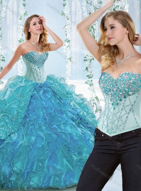 Popular Big Puffy Blue Detachable Sweet 16 Dress with Ruffles and Beading