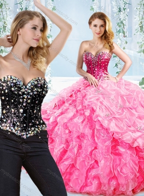 Puffy Skirt Visible Boning Beaded Detachable Quinceanera Dresses in Rose Pink