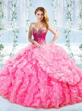 Puffy Skirt Visible Boning Beaded Detachable Quinceanera Dresses in Rose Pink