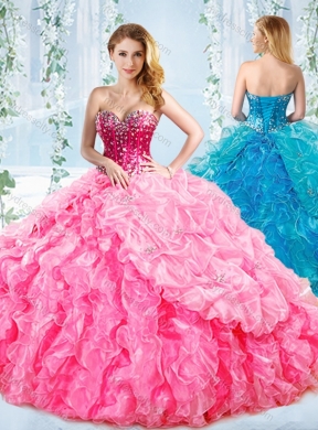 Puffy Skirt Visible Boning Beaded Detachable Quinceanera Dresses in Rose Pink