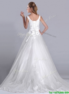 2016 Elegant Scoop Brush Train Tulle Wedding Dress with Beading and Embroidery