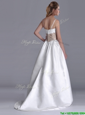 2016 Luxurious Spaghetti Straps Brush Train Bridal Dress with Belt and Handmade Flowers