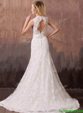Classical Mermind V Neck Lace and Sashes Wedding Dresses with Shade Back