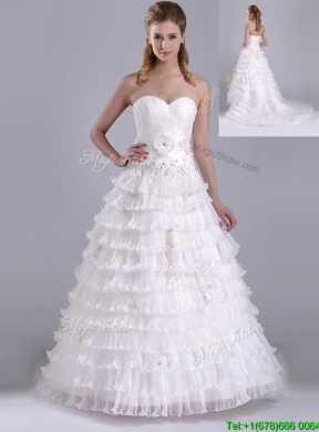 Elegant Princess Sweetheart Beaded and Ruffled Layers Bridal Dress with Court Train