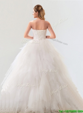 Fashionable Strapless Tulle Bridal Gown with Beading and Ruffles