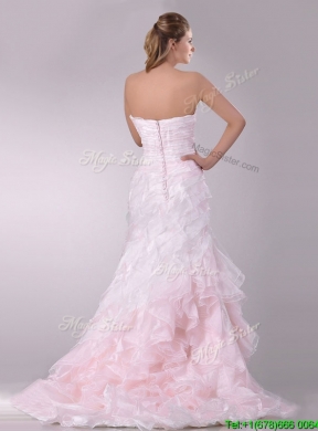 Most Popular Sweep Train Ruffled Light Pink Wedding Dress in Organza