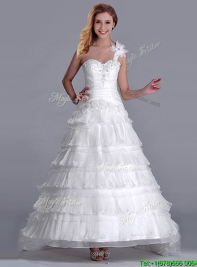 New Style One Shoulder Organza Brush Train Wedding Dress with Beading and Ruffled Layers