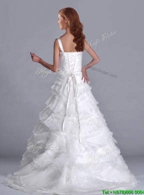 New Style One Shoulder Organza Brush Train Wedding Dress with Beading and Ruffled Layers