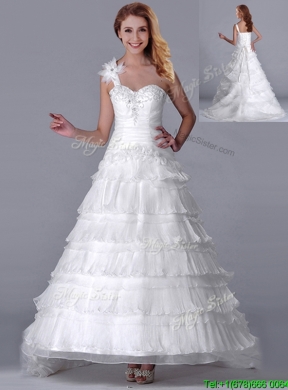 New Style One Shoulder Organza Brush Train Wedding Dress with Beading and Ruffled Layers