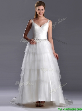 Romantic Straps Princess Tulle Beaded Wedding Dress with Brush Train