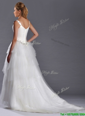 Romantic Straps Princess Tulle Beaded Wedding Dress with Brush Train