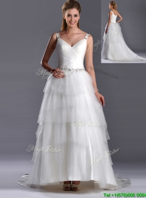 Romantic Straps Princess Tulle Beaded Wedding Dress with Brush Train