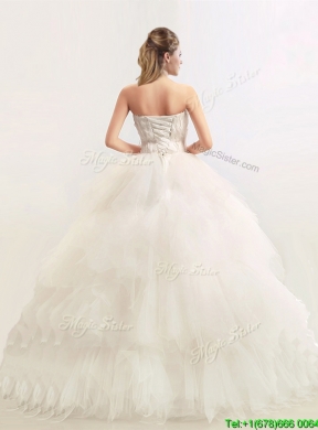 Sophisticated Strapless Feathered and Beaded Wedding Dresses in Tulle