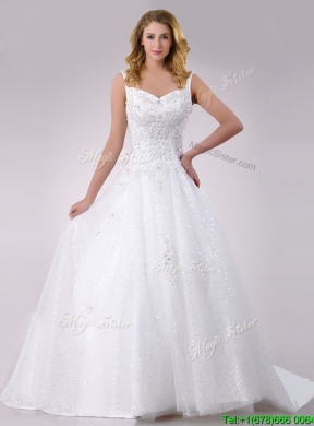 2016 Classical Straps Beaded Tulle Wedding Dress with Court Train