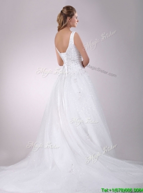 2016 Classical Straps Beaded Tulle Wedding Dress with Court Train