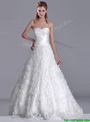 Affordable A Line Brush Train Ruched Wedding Gown with Rolling Flowers