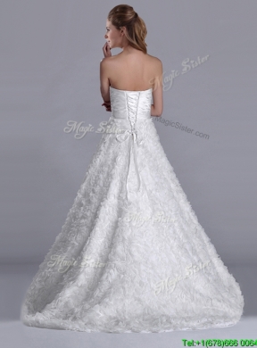 Affordable A Line Brush Train Ruched Wedding Gown with Rolling Flowers