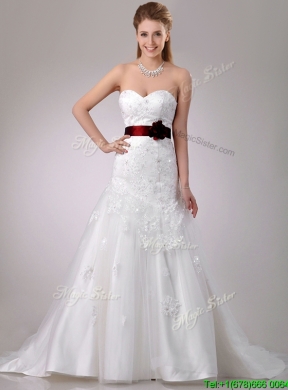 Decent A Line Brush Train Beaded and Applique Wedding Dress with Sash