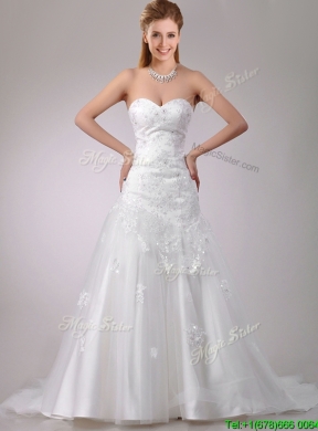 Decent A Line Brush Train Beaded and Applique Wedding Dress with Sash