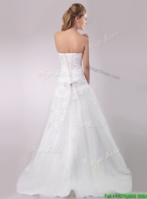 Decent A Line Brush Train Beaded and Applique Wedding Dress with Sash