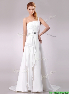 Delicate One Shoulder Brush Train Beaded Wedding Dress in Chiffon for 2016