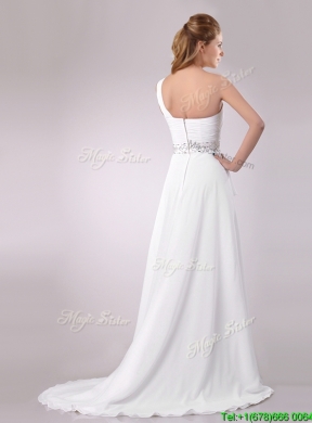 Delicate One Shoulder Brush Train Beaded Wedding Dress in Chiffon for 2016