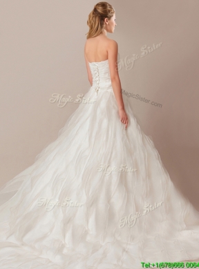 Elegant A Line Brush Train Wedding Dresses with Beading and Ruffles