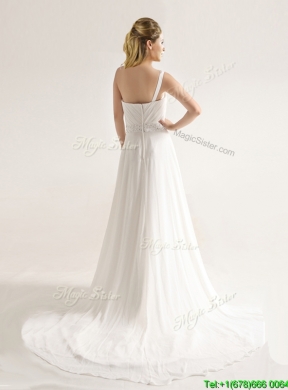 Elegant One Shoulder Court Train Wedding Dresses with Beading and Ruching