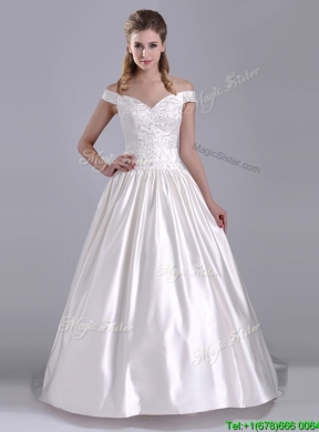 Exquisite Ball Gown Off the Shoulder Brush Train Beaded Bridal Dress in Satin