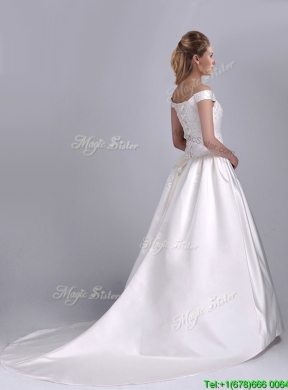 Exquisite Ball Gown Off the Shoulder Brush Train Beaded Bridal Dress in Satin