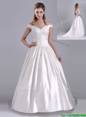 Exquisite Ball Gown Off the Shoulder Brush Train Beaded Bridal Dress in Satin